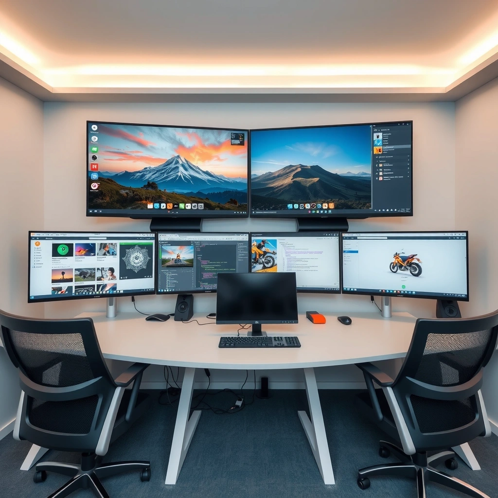 Game development workspace with multiple monitors